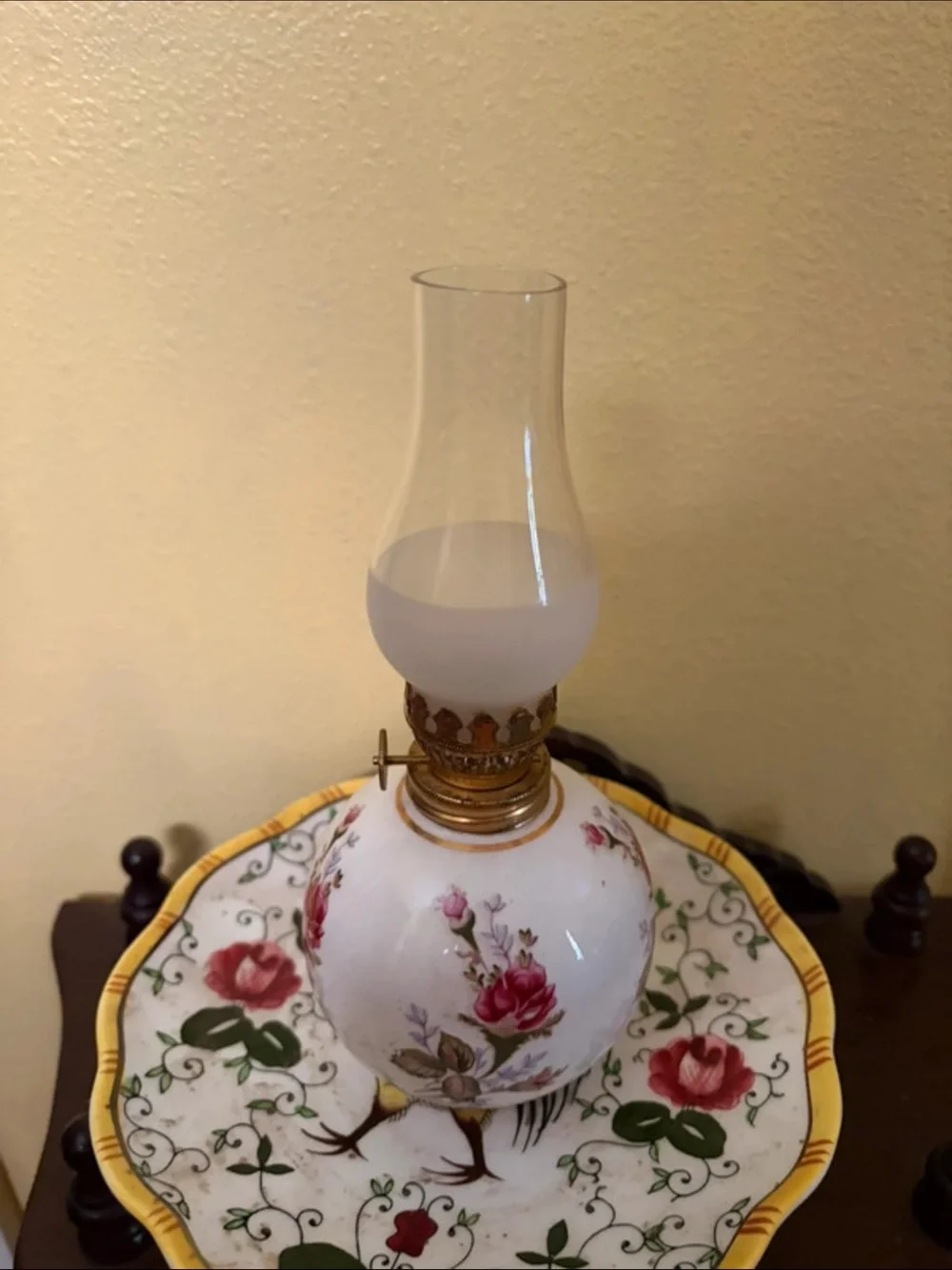 Floral Milk Glass Mini Oil Lamp with Pink Rose Motif